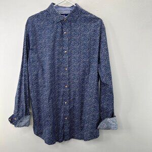 Billy London UK Button Up Shirt XL Slim Fit Blue Floral Flip Cuff Long Sleeve